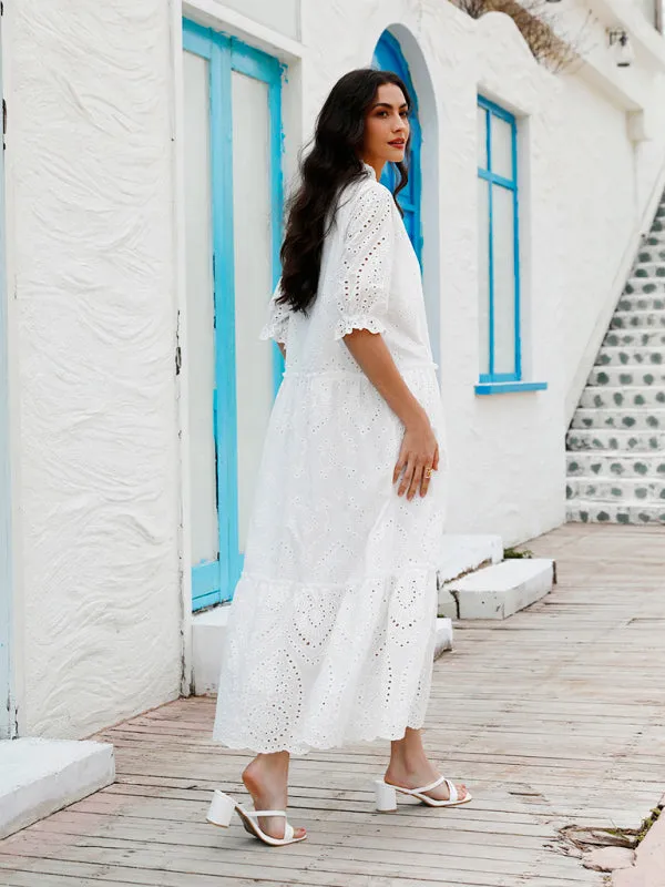 Eyelet V-Neck Dress with Tiered Skirt and Short Sleeves