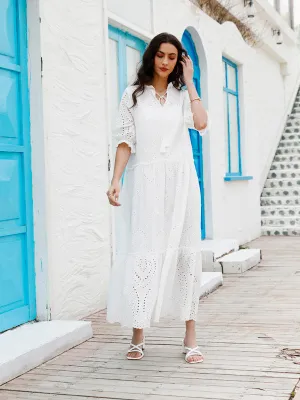 Eyelet V-Neck Dress with Tiered Skirt and Short Sleeves