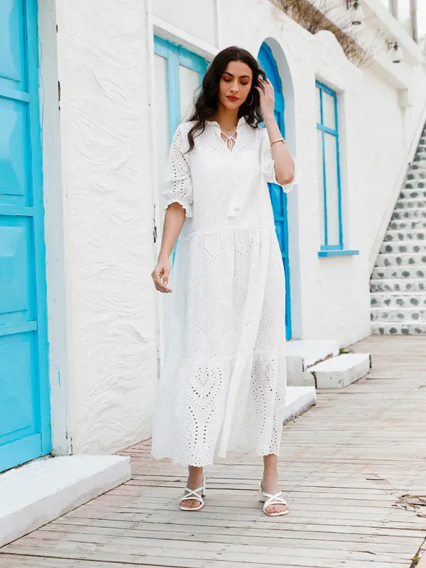 Eyelet V-Neck Dress with Tiered Skirt and Short Sleeves