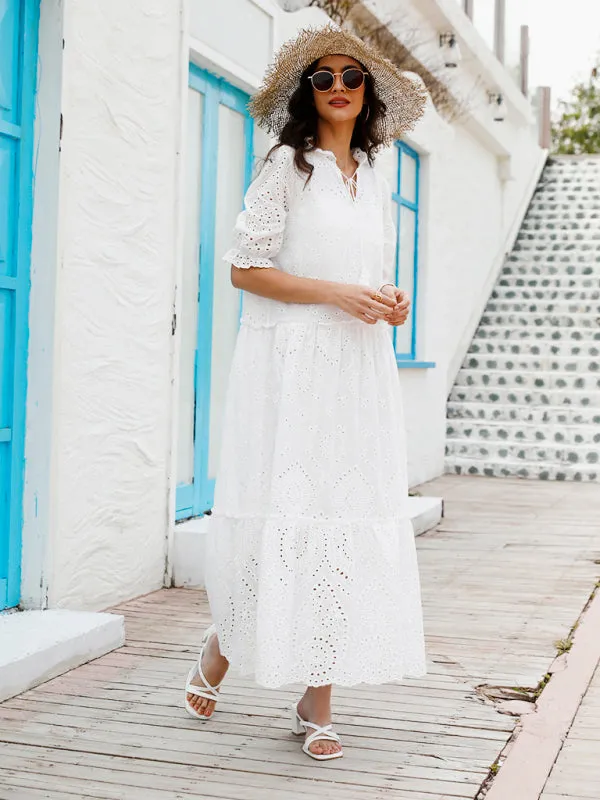 Eyelet V-Neck Dress with Tiered Skirt and Short Sleeves