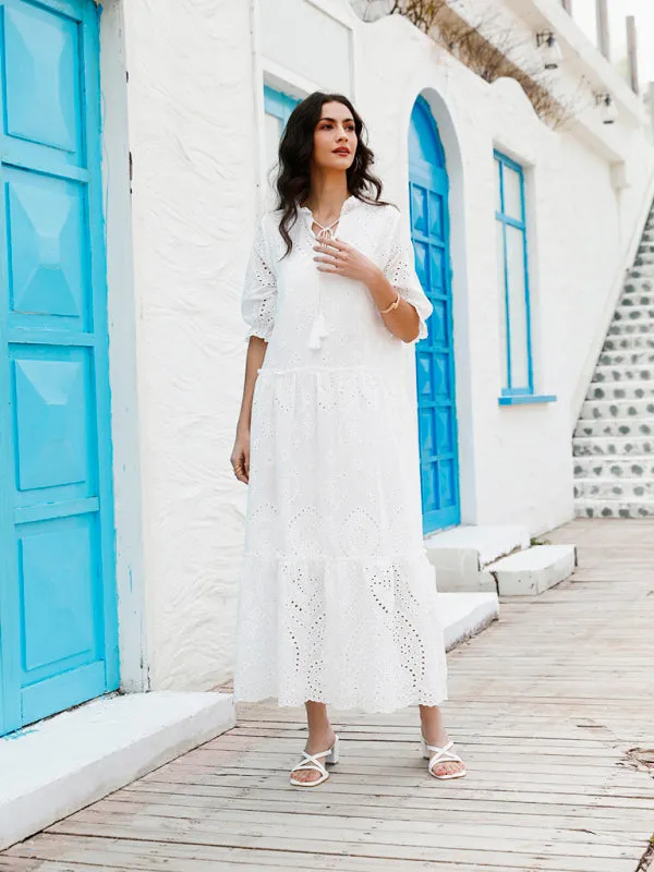 Eyelet V-Neck Dress with Tiered Skirt and Short Sleeves