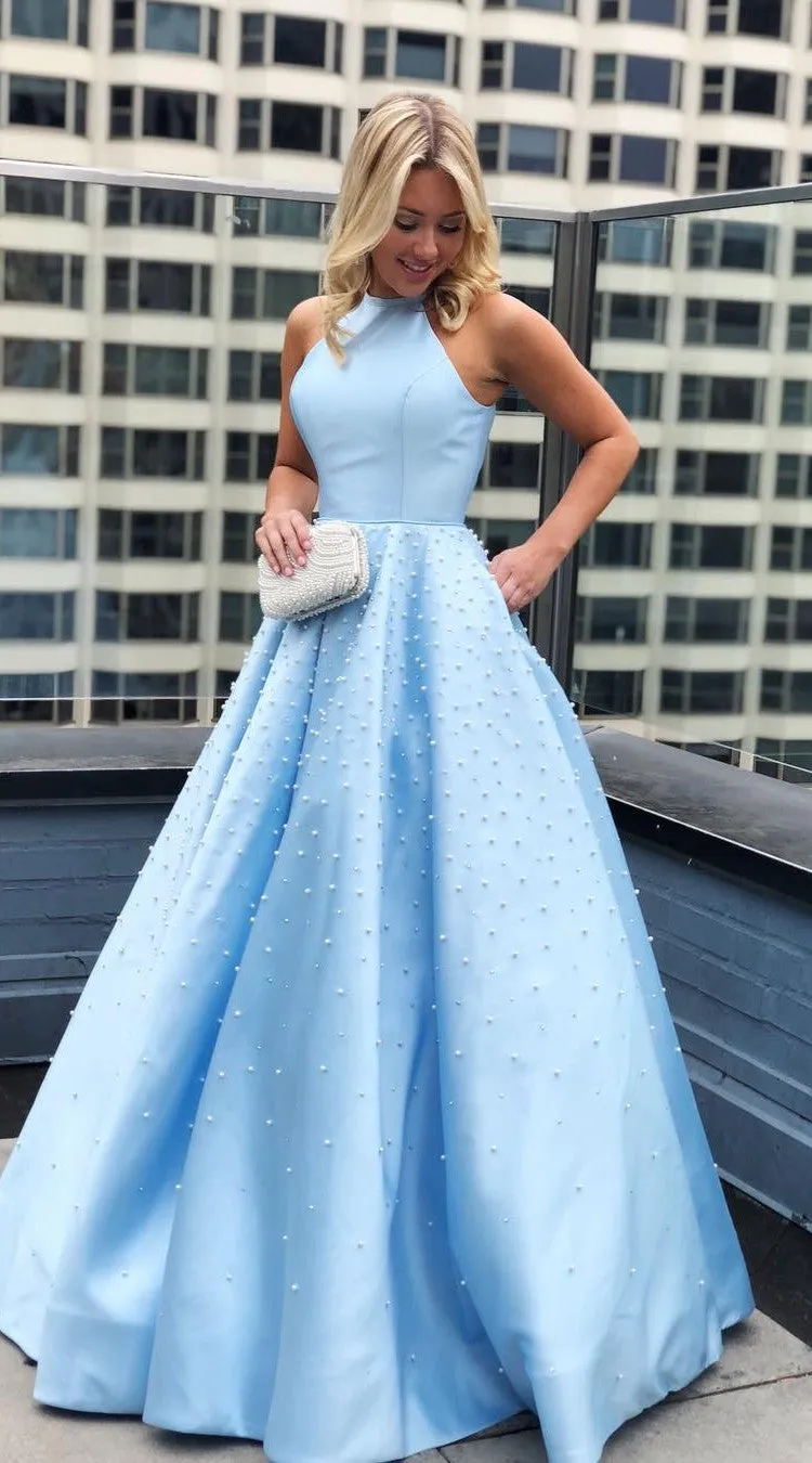 Fashion Halter Neck Light Blue Prom Dress