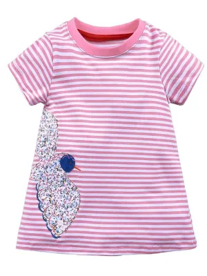 Floral Bird - Girls Short Sleeve Striped Pink & White Dress
