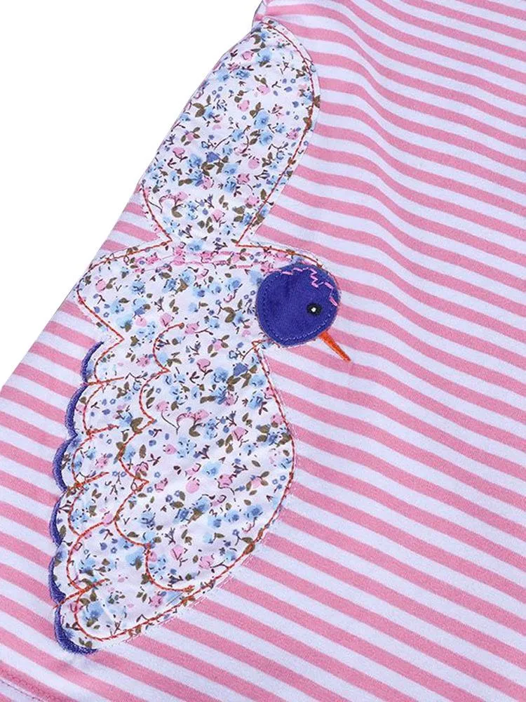 Floral Bird - Girls Short Sleeve Striped Pink & White Dress