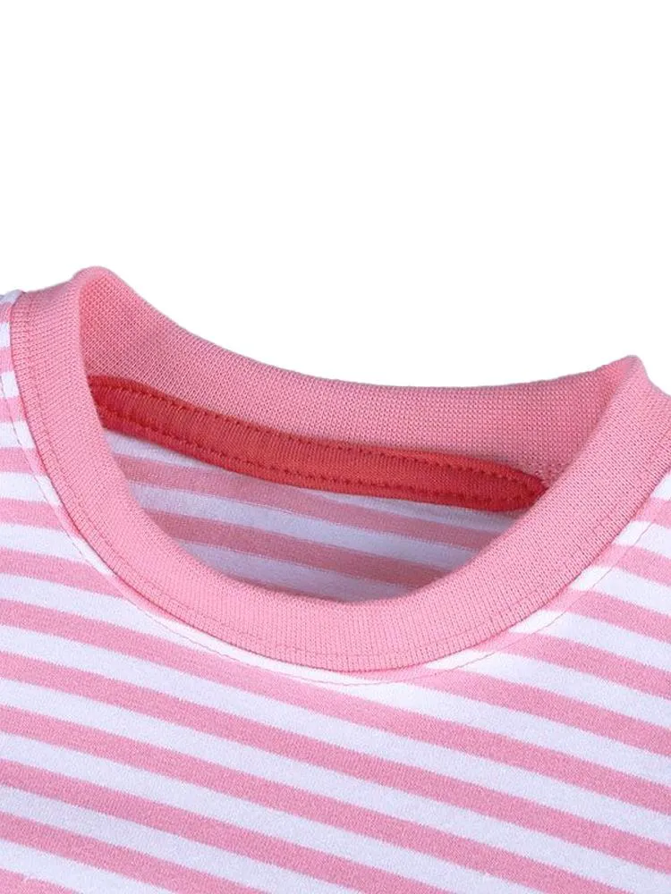Floral Bird - Girls Short Sleeve Striped Pink & White Dress