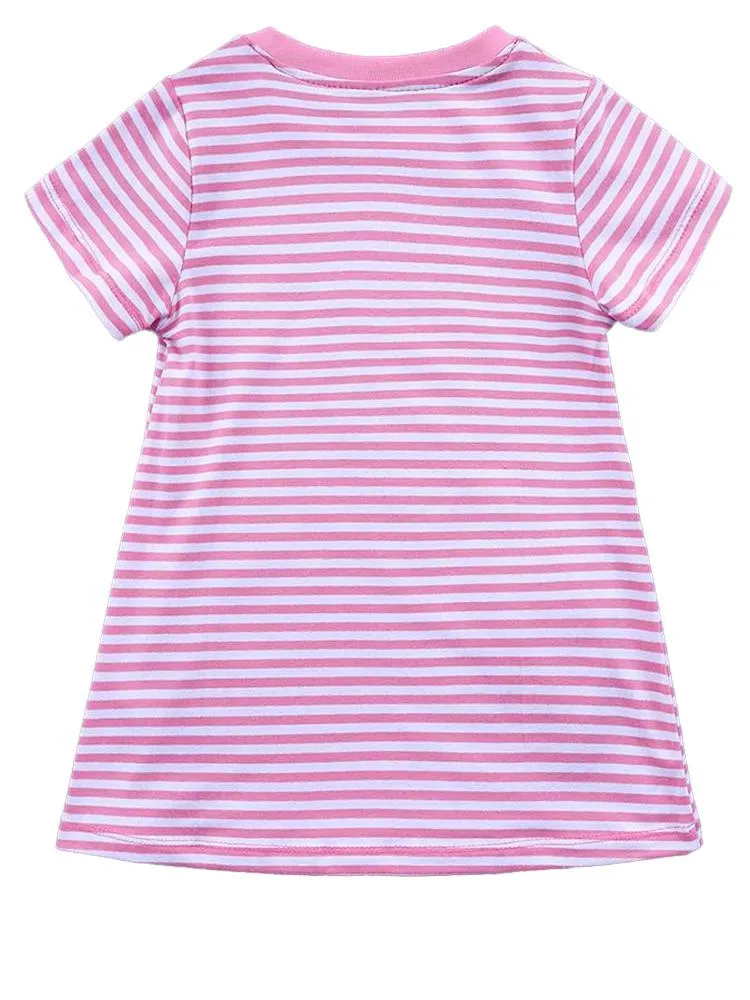 Floral Bird - Girls Short Sleeve Striped Pink & White Dress