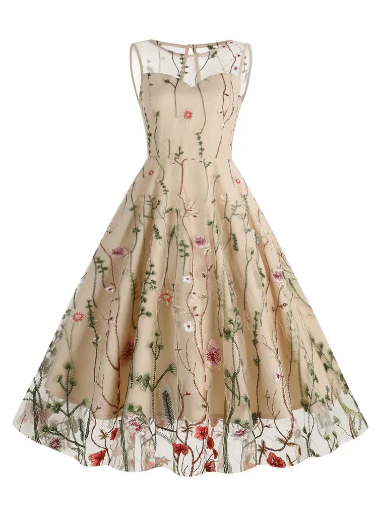 Floral Embroidered Mesh Overlay Dress Vintage Long Dresses for Women High Waist Party Elegant Summer Dress