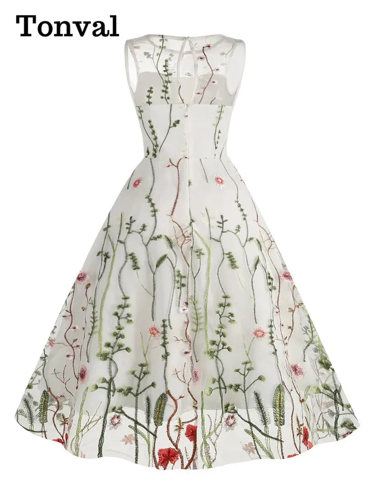 Floral Embroidered Mesh Overlay Dress Vintage Long Dresses for Women High Waist Party Elegant Summer Dress