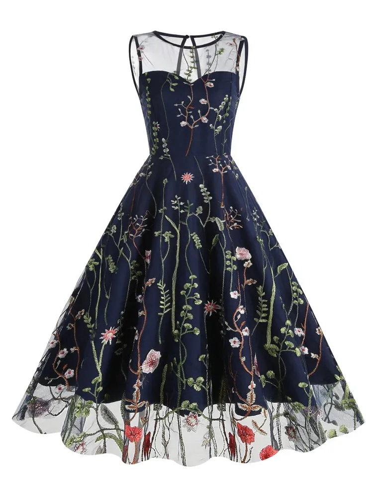 Floral Embroidered Mesh Overlay Dress Vintage Long Dresses for Women High Waist Party Elegant Summer Dress