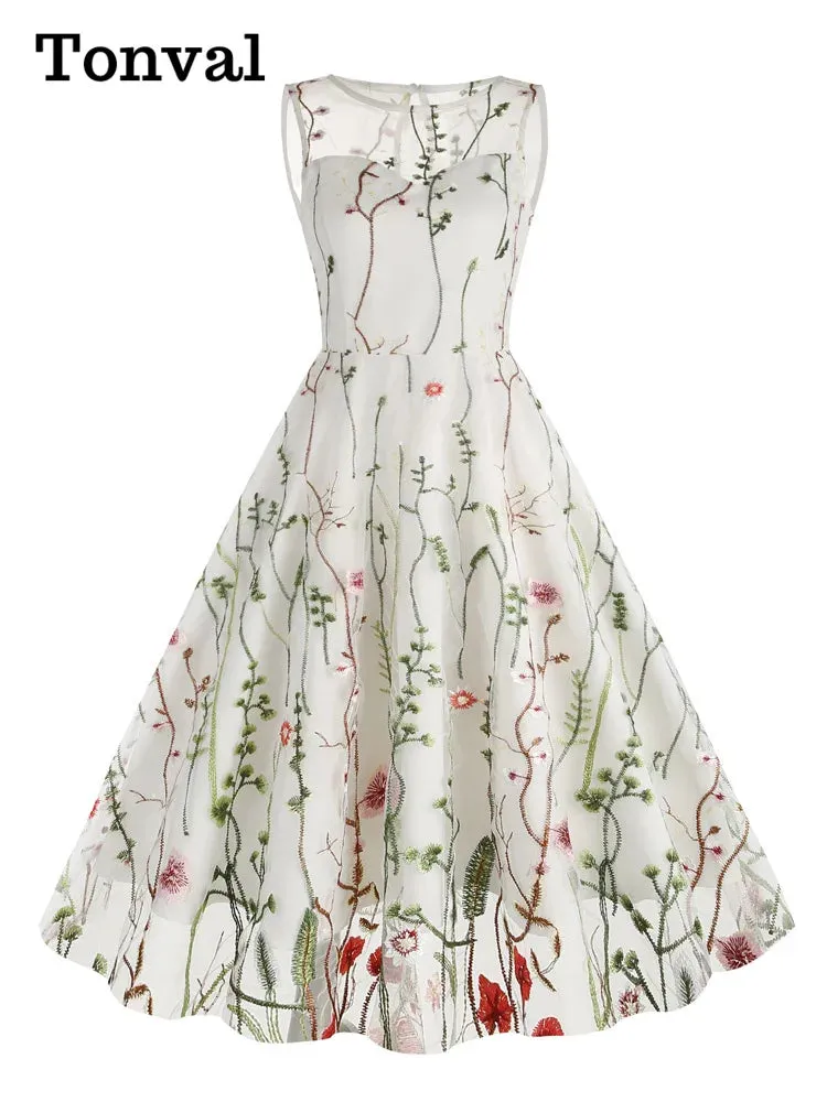 Floral Embroidered Mesh Overlay Dress Vintage Long Dresses for Women High Waist Party Elegant Summer Dress