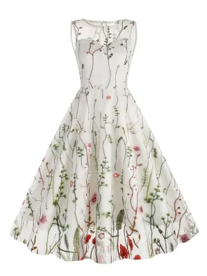 Floral Embroidered Mesh Overlay Dress Vintage Long Dresses for Women High Waist Party Elegant Summer Dress
