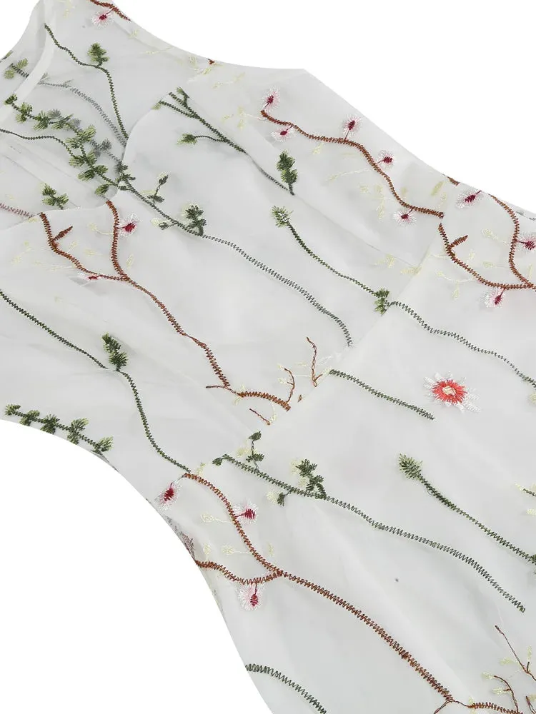 Floral Embroidered Mesh Overlay Dress Vintage Long Dresses for Women High Waist Party Elegant Summer Dress