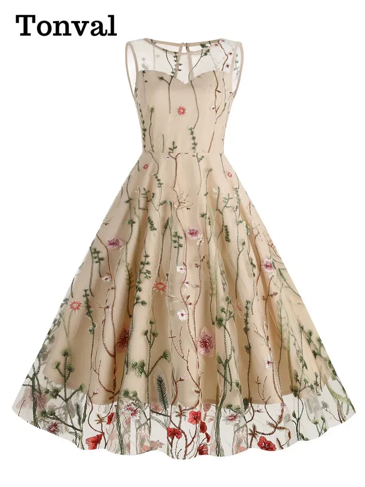 Floral Embroidered Mesh Overlay Dress Vintage Long Dresses for Women High Waist Party Elegant Summer Dress