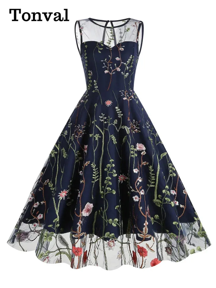 Floral Embroidered Mesh Overlay Dress Vintage Long Dresses for Women High Waist Party Elegant Summer Dress