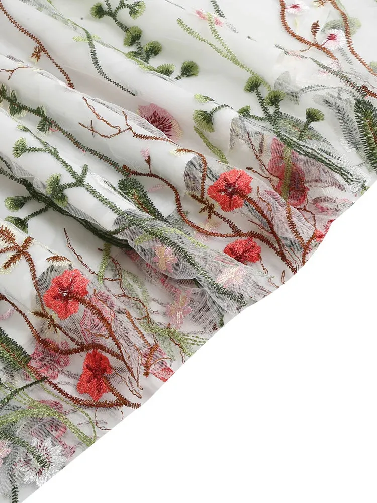 Floral Embroidered Mesh Overlay Dress Vintage Long Dresses for Women High Waist Party Elegant Summer Dress