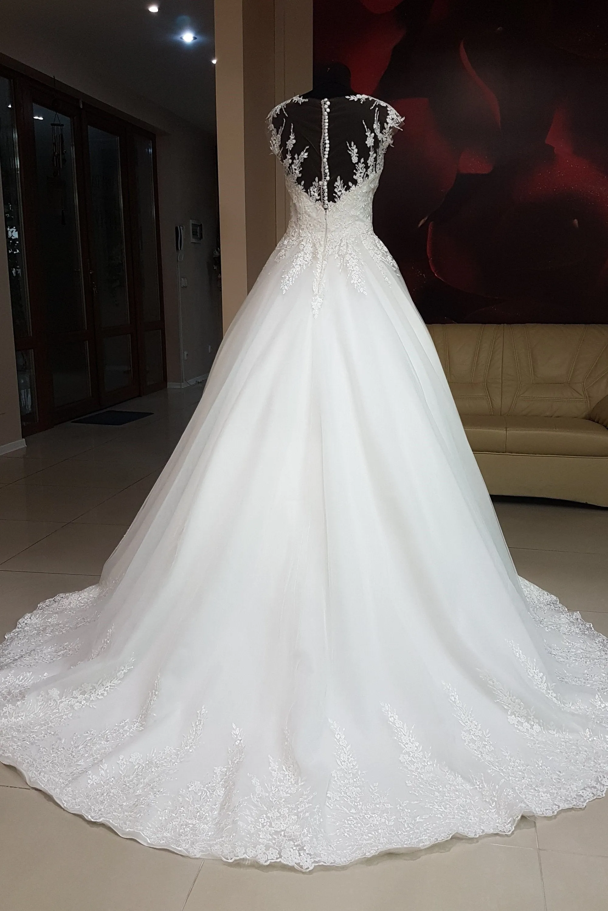 Floral Lace Cap Sleeve Wedding Dresses with Transparent Neckline
