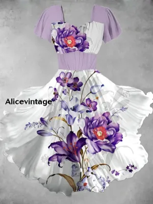Floral Print Short Sleeve Vintage Midi Dress