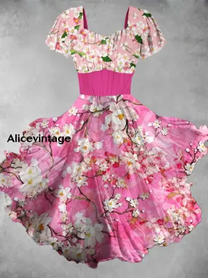 Floral Print Short Sleeve Vintage Midi Dress