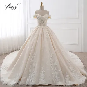 Fmogl Royal Train Sweetheart Ball Gown Wedding Dresses