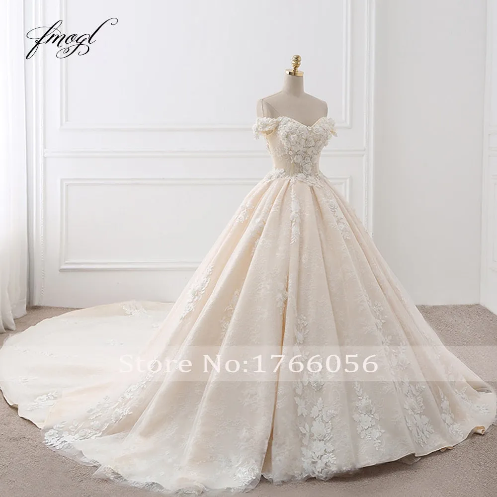 Fmogl Royal Train Sweetheart Ball Gown Wedding Dresses