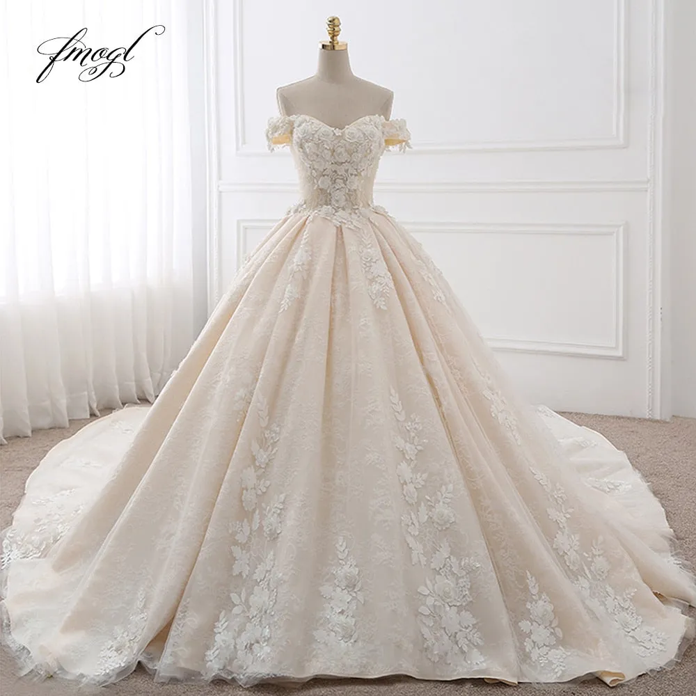 Fmogl Royal Train Sweetheart Ball Gown Wedding Dresses