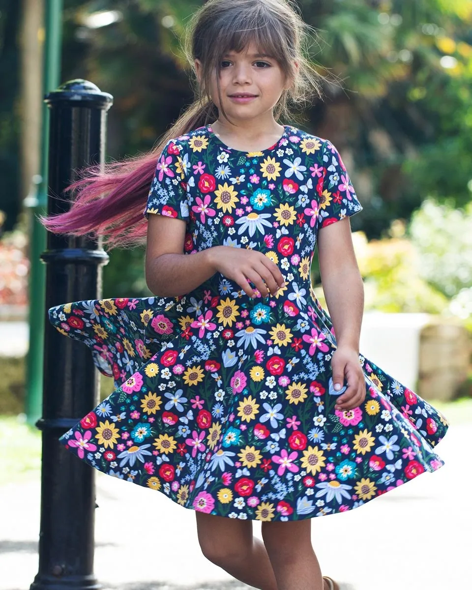 Frugi Spring Skater Dress  Indigo Pollinators- Organic- Flowers and bees- Children's Clothing