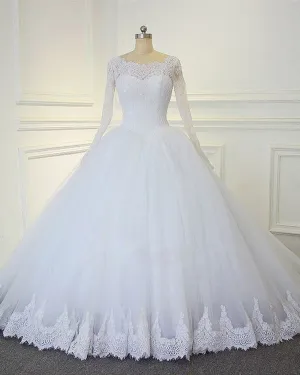 Full Sleeve Lace Wedding Dresses with Appliques 2019 Puffy Tulle Bridal Wedding Dress Ball Gown