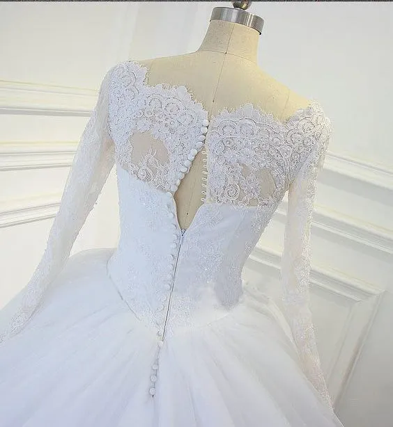 Full Sleeve Lace Wedding Dresses with Appliques 2019 Puffy Tulle Bridal Wedding Dress Ball Gown