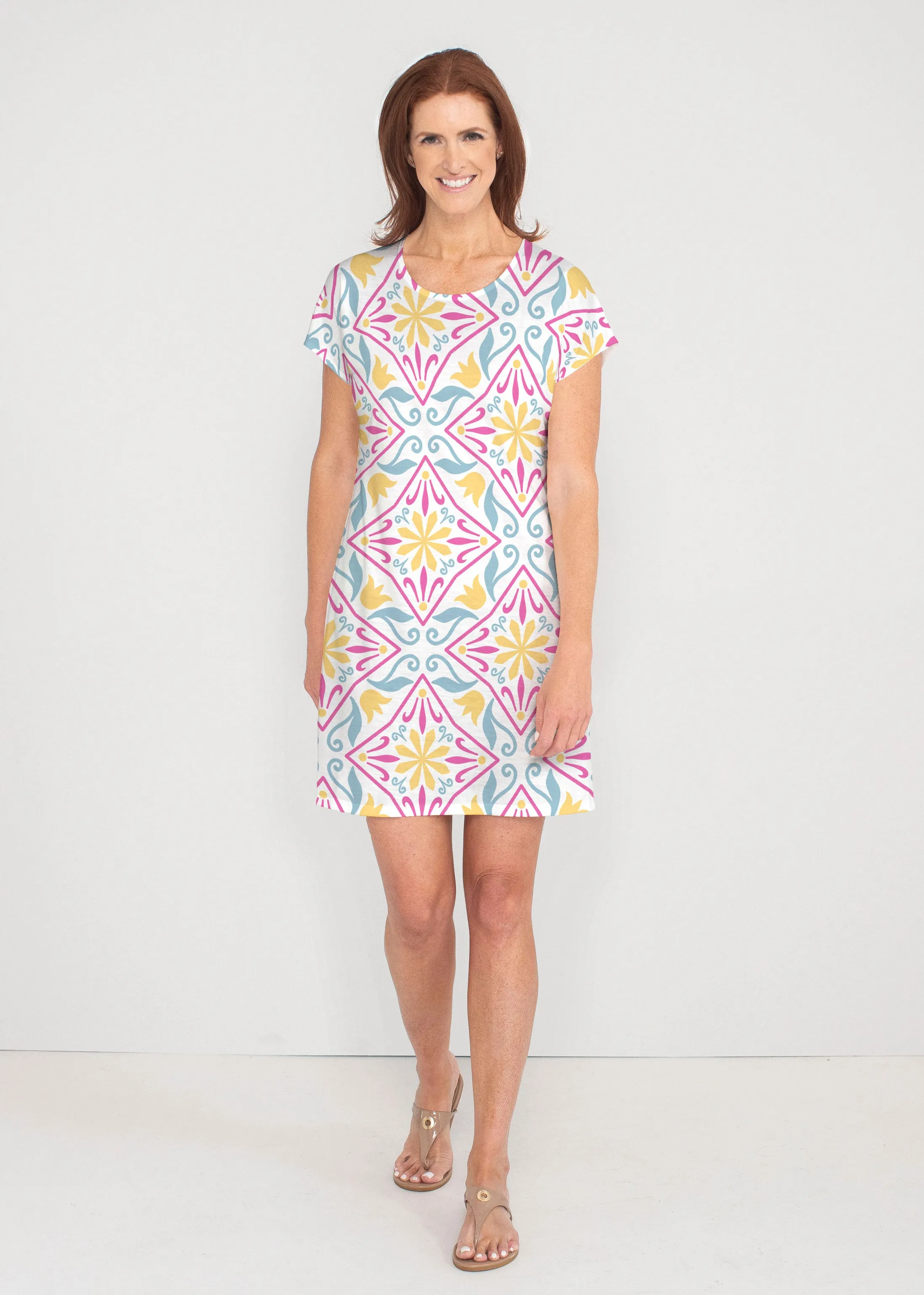 Geo Tile Blue (8158) ~ French Terry Short Sleeve Crew Dress