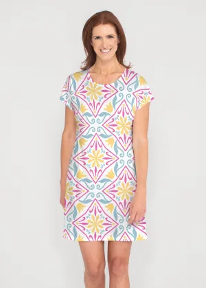 Geo Tile Blue (8158) ~ French Terry Short Sleeve Crew Dress