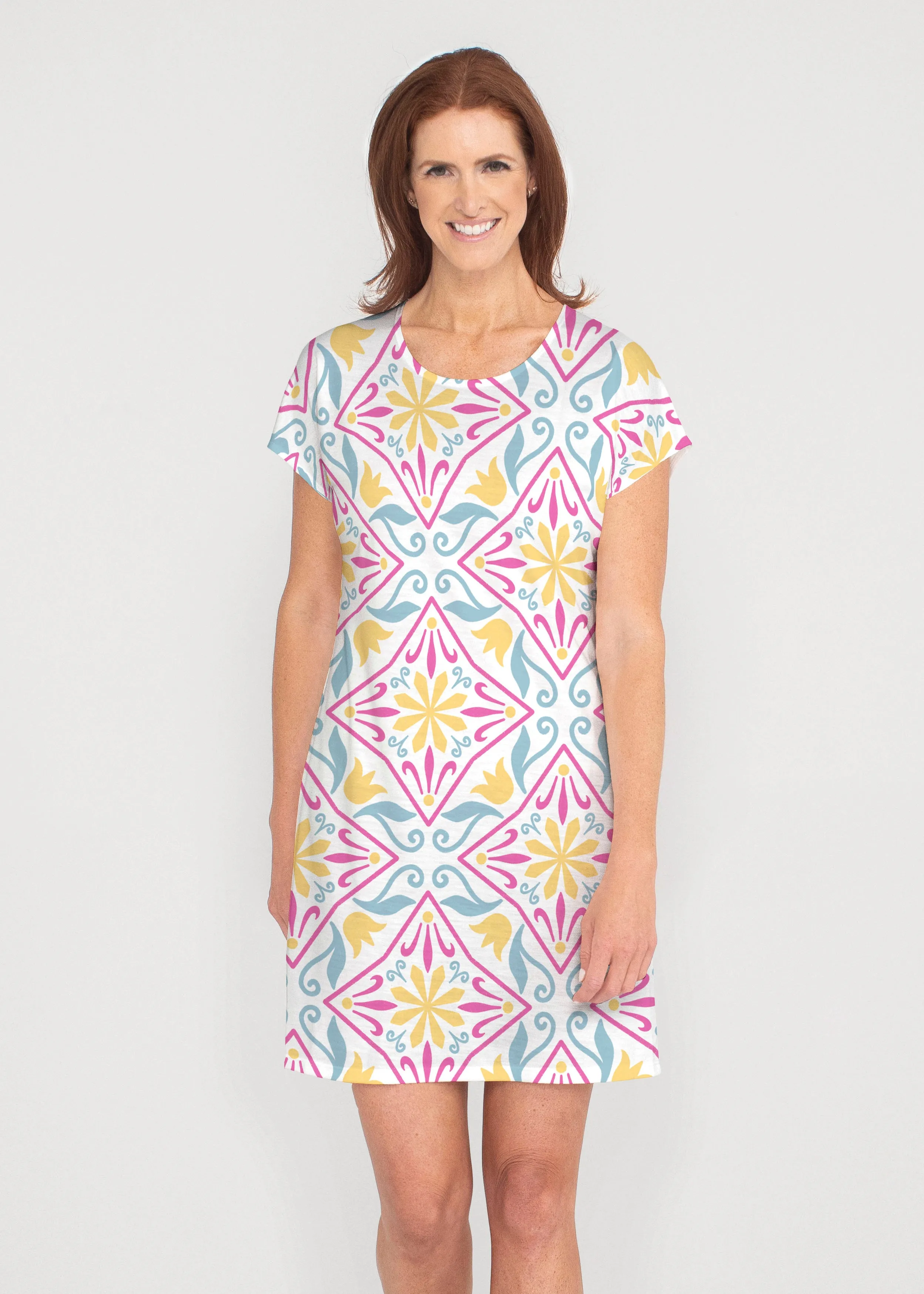 Geo Tile Blue (8158) ~ French Terry Short Sleeve Crew Dress