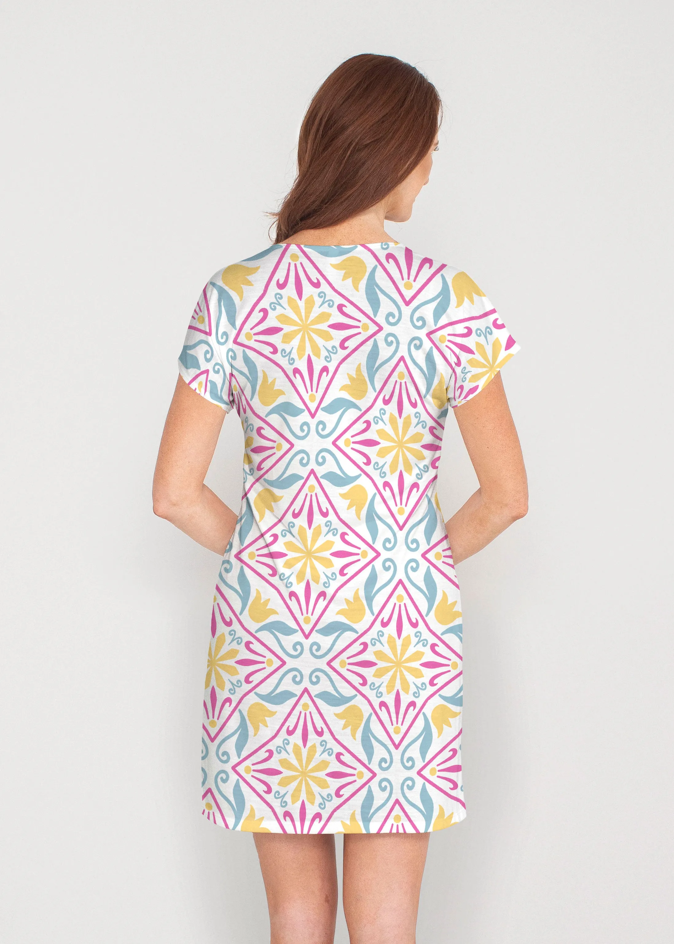 Geo Tile Blue (8158) ~ French Terry Short Sleeve Crew Dress