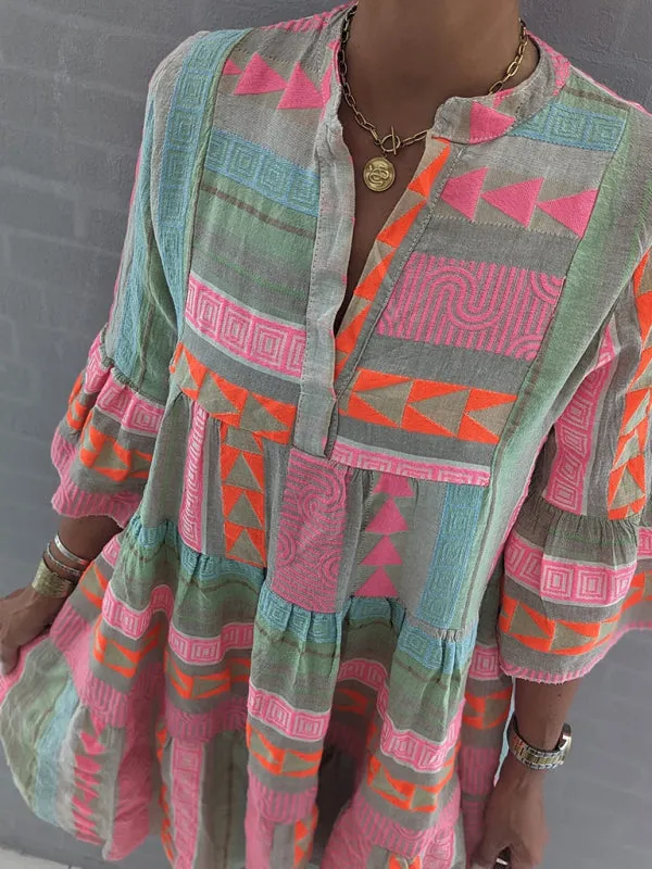 Geometric Print Mini Dress with V-neck and 3/4 Sleeves
