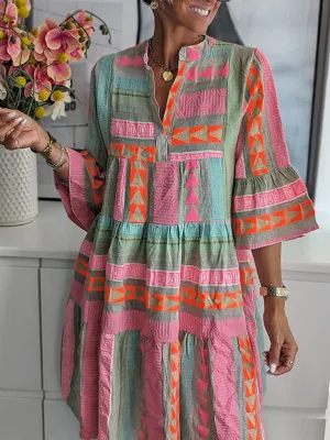 Geometric Print Mini Dress with V-neck and 3/4 Sleeves