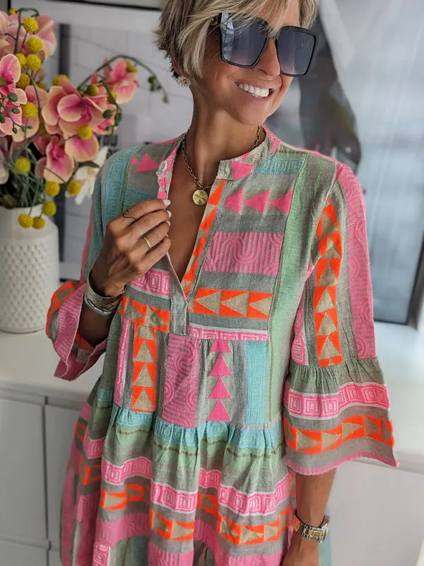 Geometric Print Mini Dress with V-neck and 3/4 Sleeves