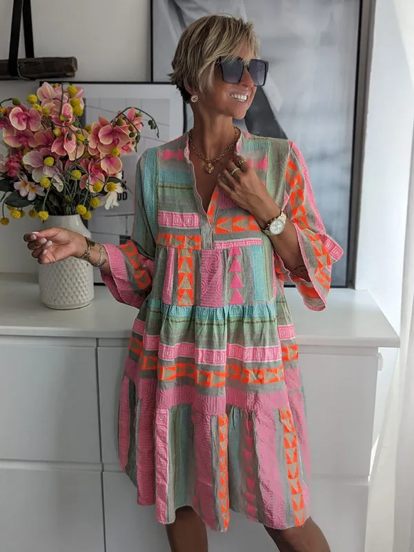 Geometric Print Mini Dress with V-neck and 3/4 Sleeves