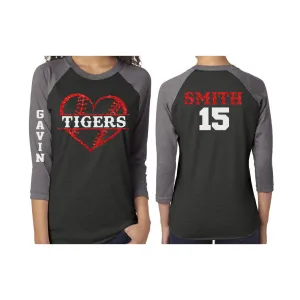 Glitter Baseball Heart Mom Shirt | 3/4 Sleeve Shirt | Customized Baseball Mom Shirt