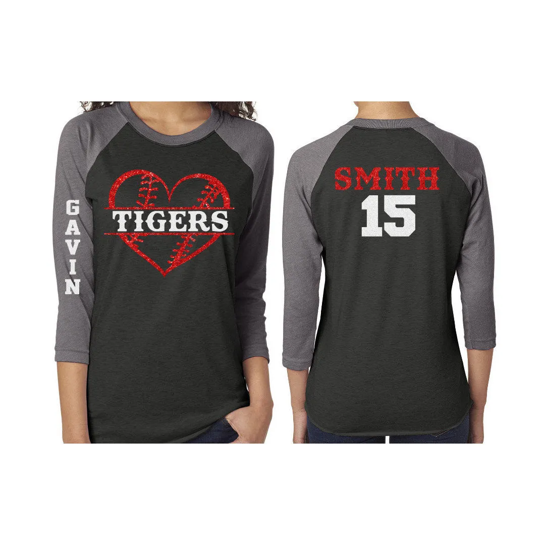 Glitter Baseball Heart Mom Shirt | 3/4 Sleeve Shirt | Customized Baseball Mom Shirt
