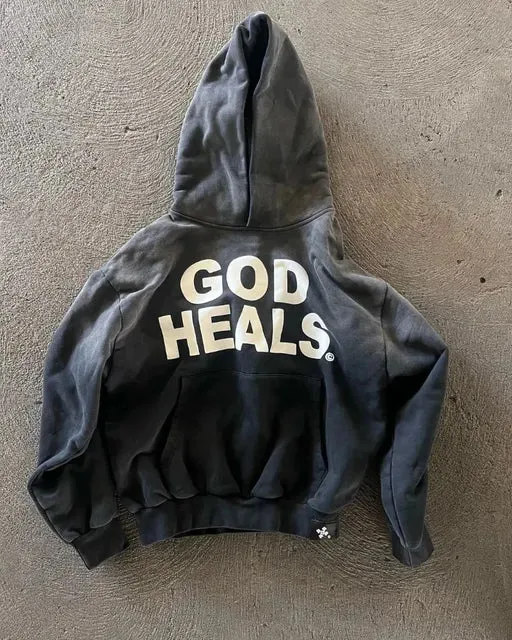 God Heals Printed Hoodies for Women - Vintage Fashion Hip Hop Streetwear Casual Loose Sweatshirt Hoodie Tops