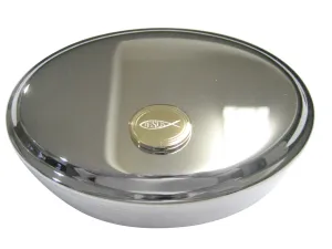 Gold Toned Etched Oval Religious Ichthys Jesus Fish Oval Trinket Jewelry Box