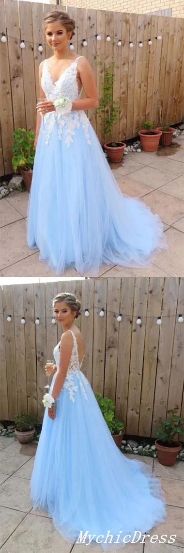 Gorgeous A Line White Lace Light Blue Prom Dress Sleeveless Evening Party Dresses