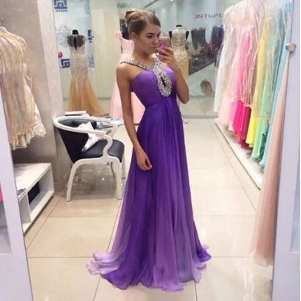 Gorgeous Purple Rhinestone Long A-line Shiny High Waist Prom Dresses, PD0290