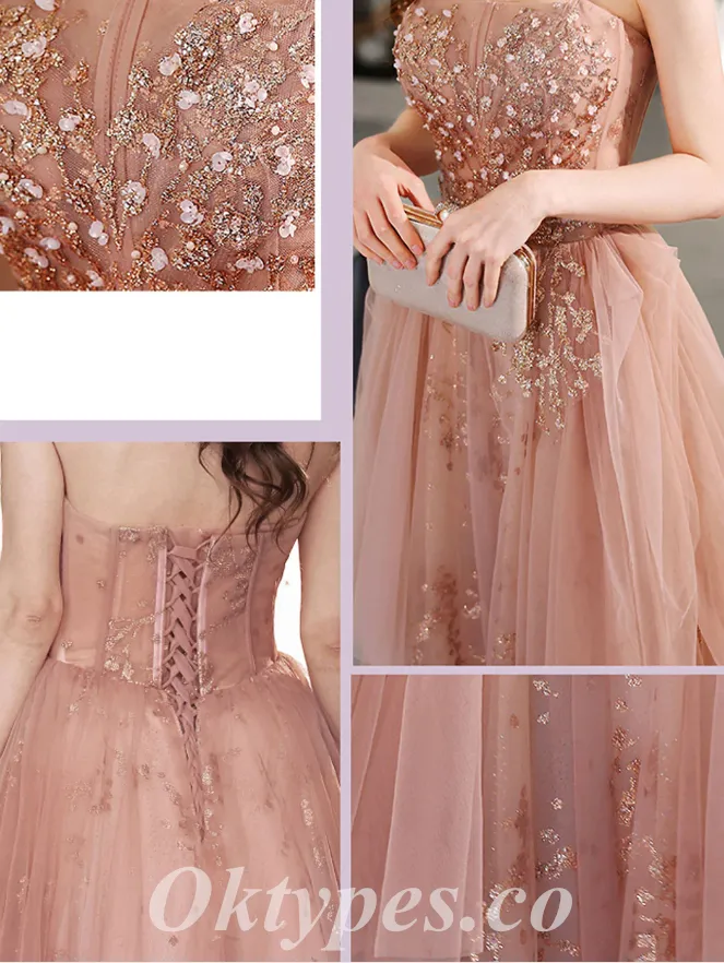 Gorgeous Tulle Sweetheart Sleeveless A-Line Long Prom Dresses/Ball Gown With Applique And Beading,PDS0638