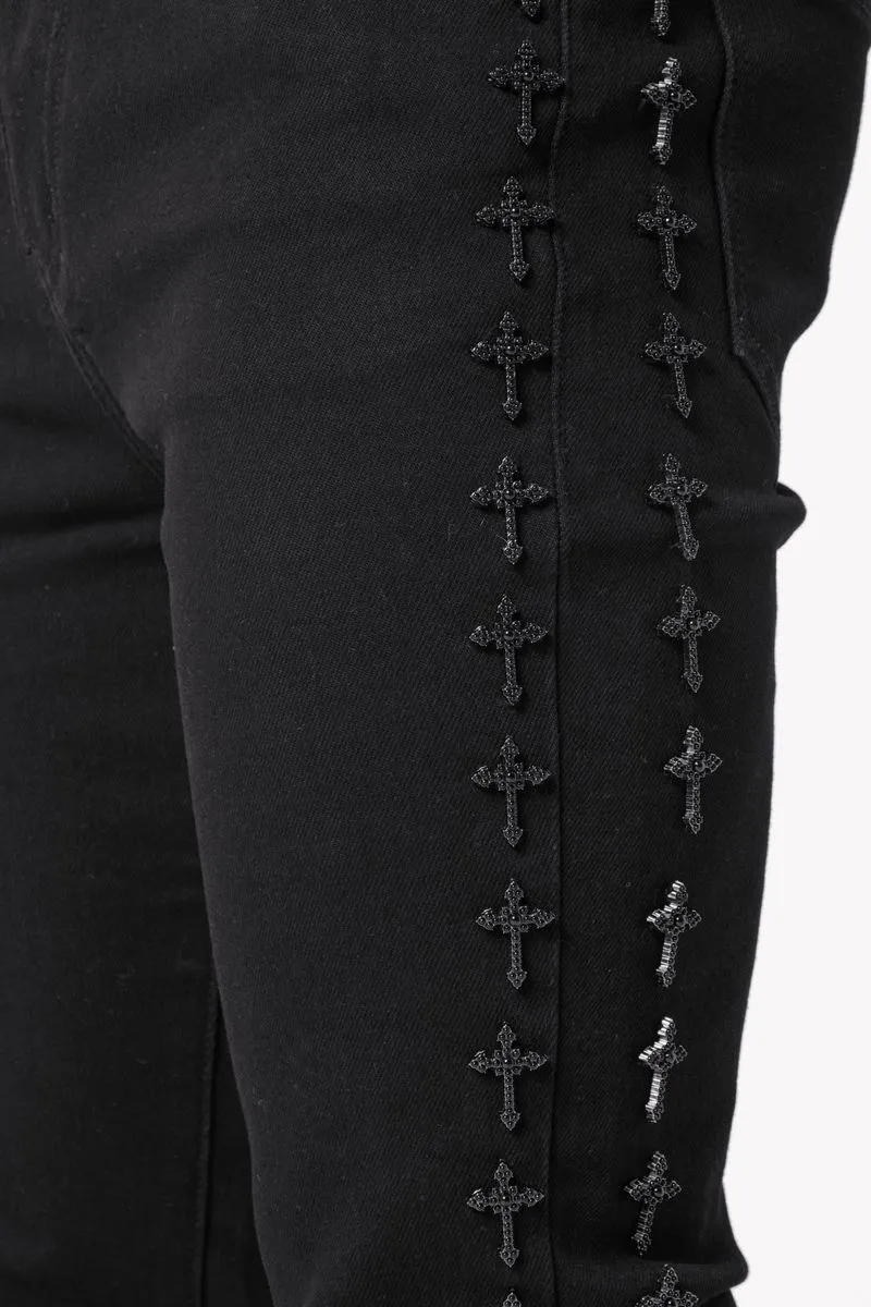 GUAPI ALL BLACK CROSSES EMBELLISHED DENIM