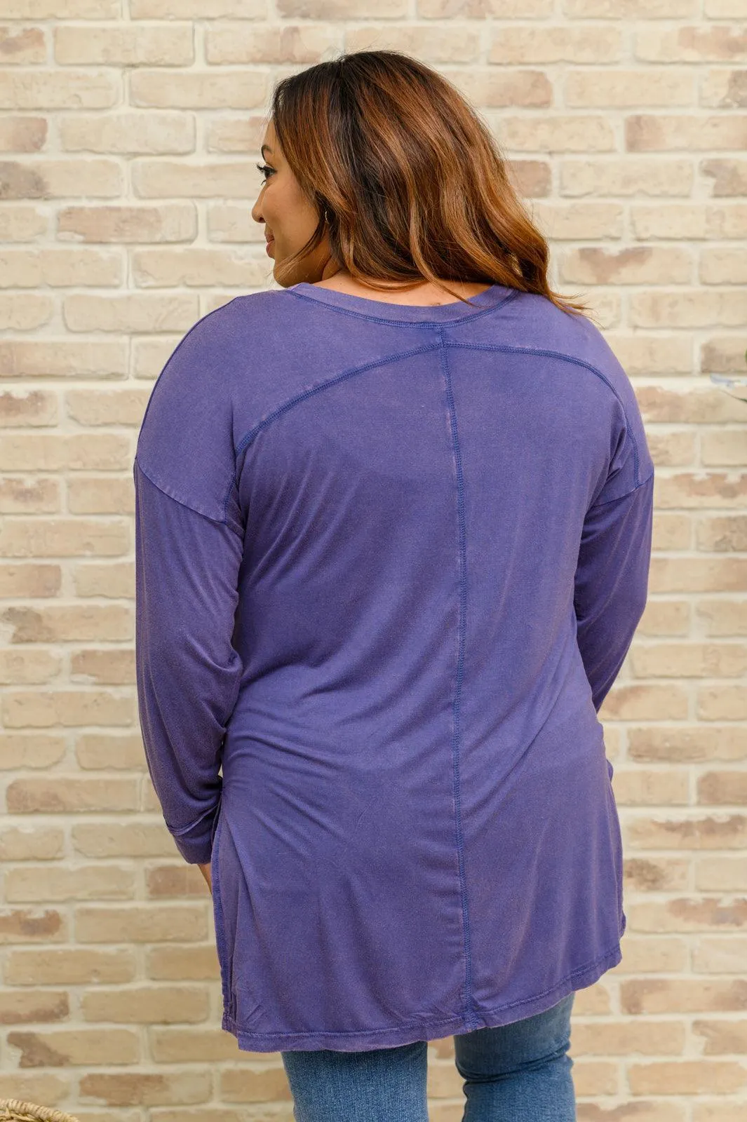 Hazel Blues® | Long Sleeve Knit Top With Pocket In Denim Blue