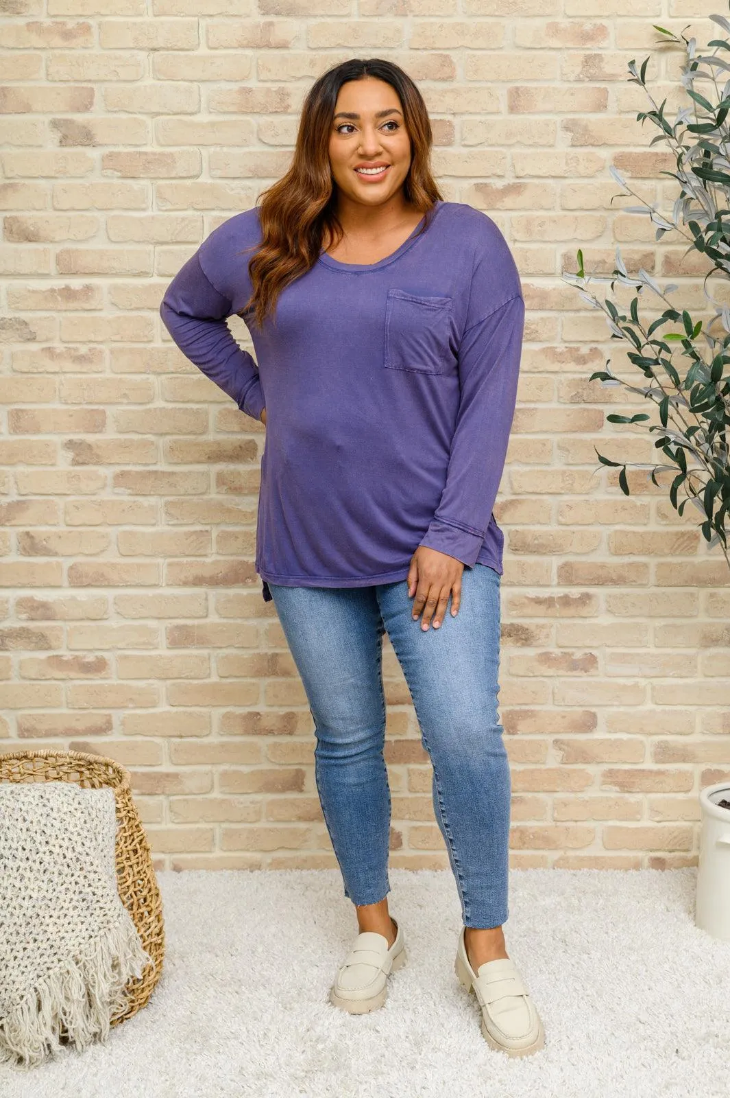 Hazel Blues® | Long Sleeve Knit Top With Pocket In Denim Blue