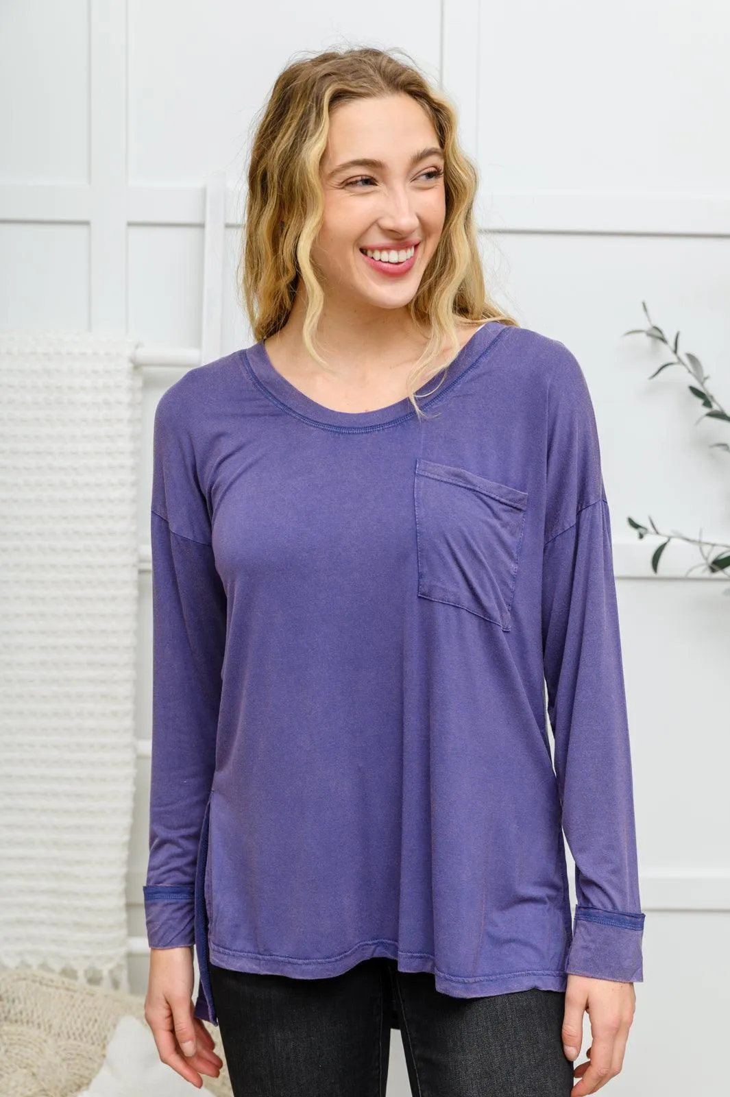 Hazel Blues® | Long Sleeve Knit Top With Pocket In Denim Blue