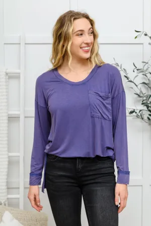 Hazel Blues® | Long Sleeve Knit Top With Pocket In Denim Blue