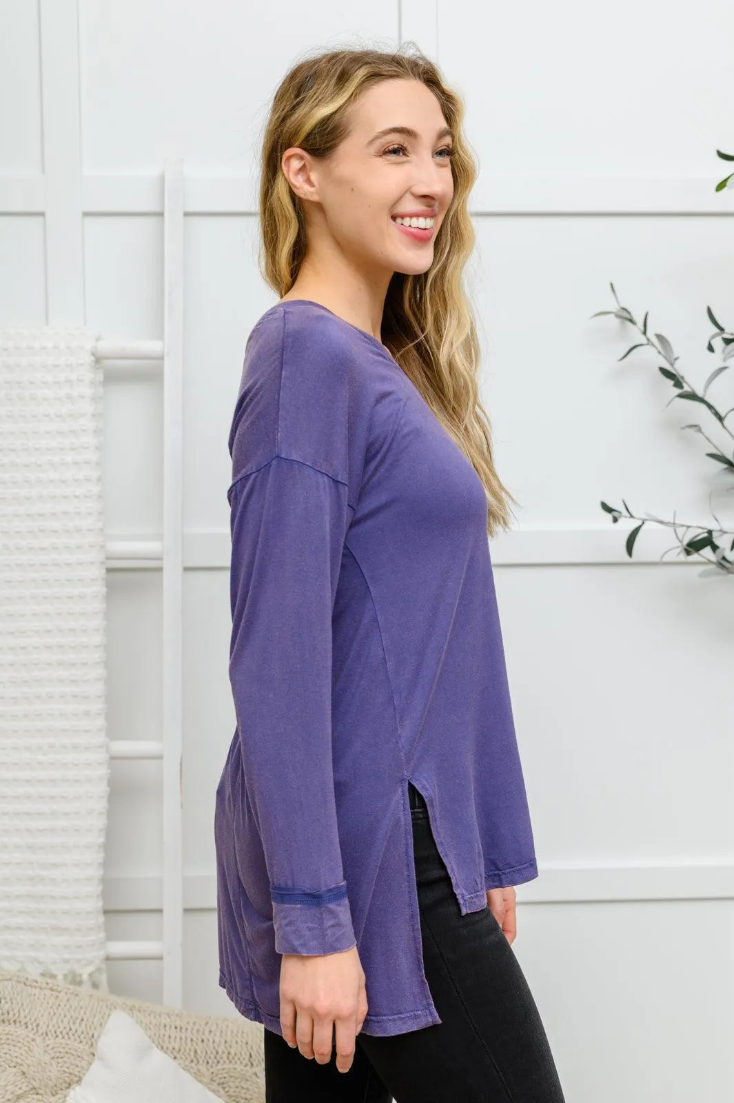 Hazel Blues® | Long Sleeve Knit Top With Pocket In Denim Blue