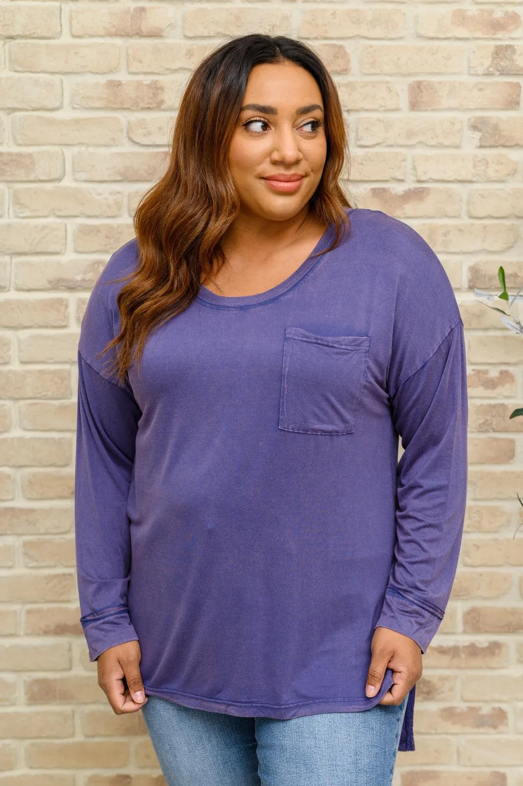 Hazel Blues® | Long Sleeve Knit Top With Pocket In Denim Blue
